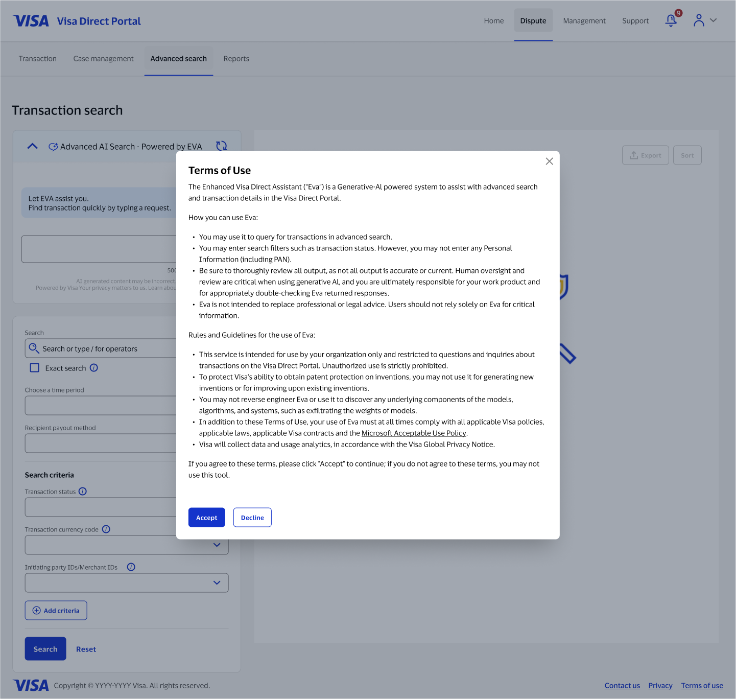 EVA terms of use consent modal, first view